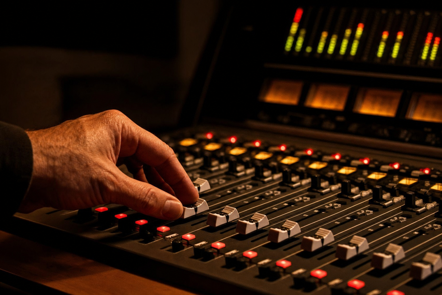 Audio engineer adjusting a broadcast mixing console