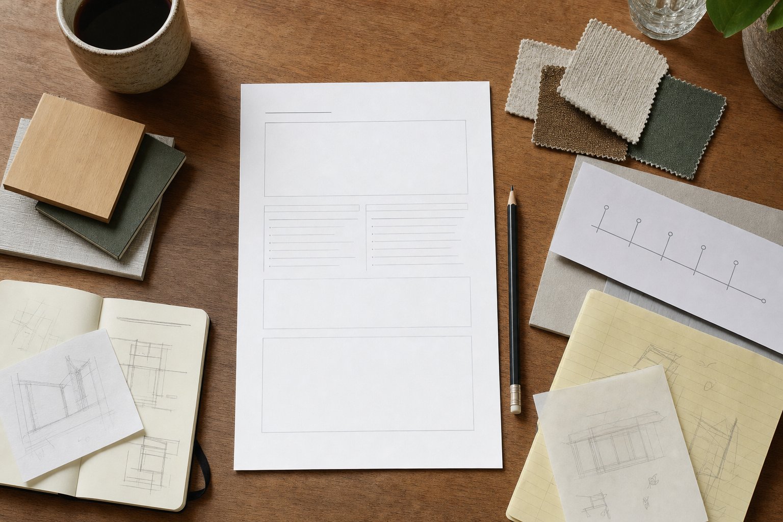 Project brief, material swatches, notes, and timeline arranged on a studio desk