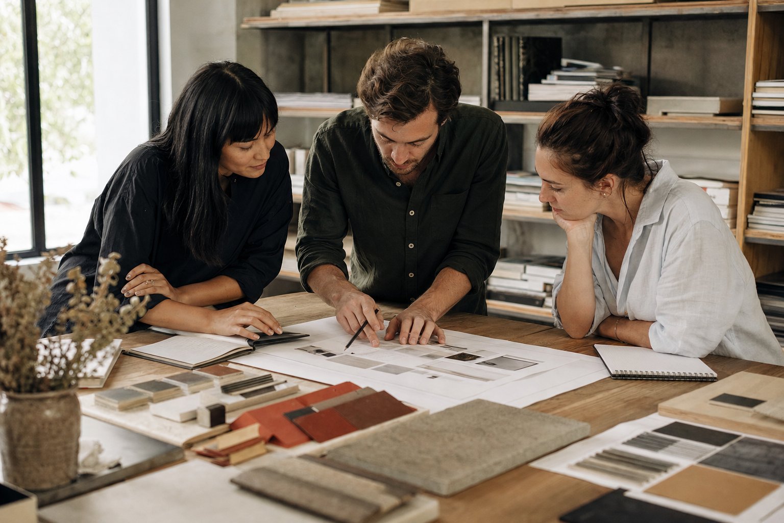 Design studio team reviewing a project brief and material samples together