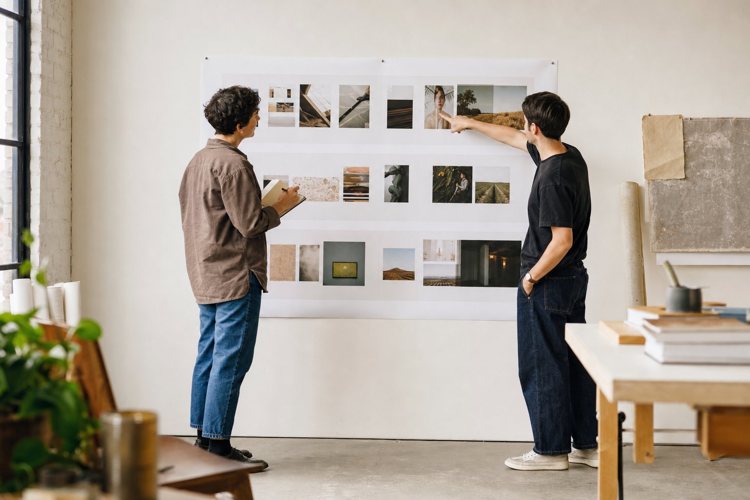 Two designers reviewing visual work on a studio wall