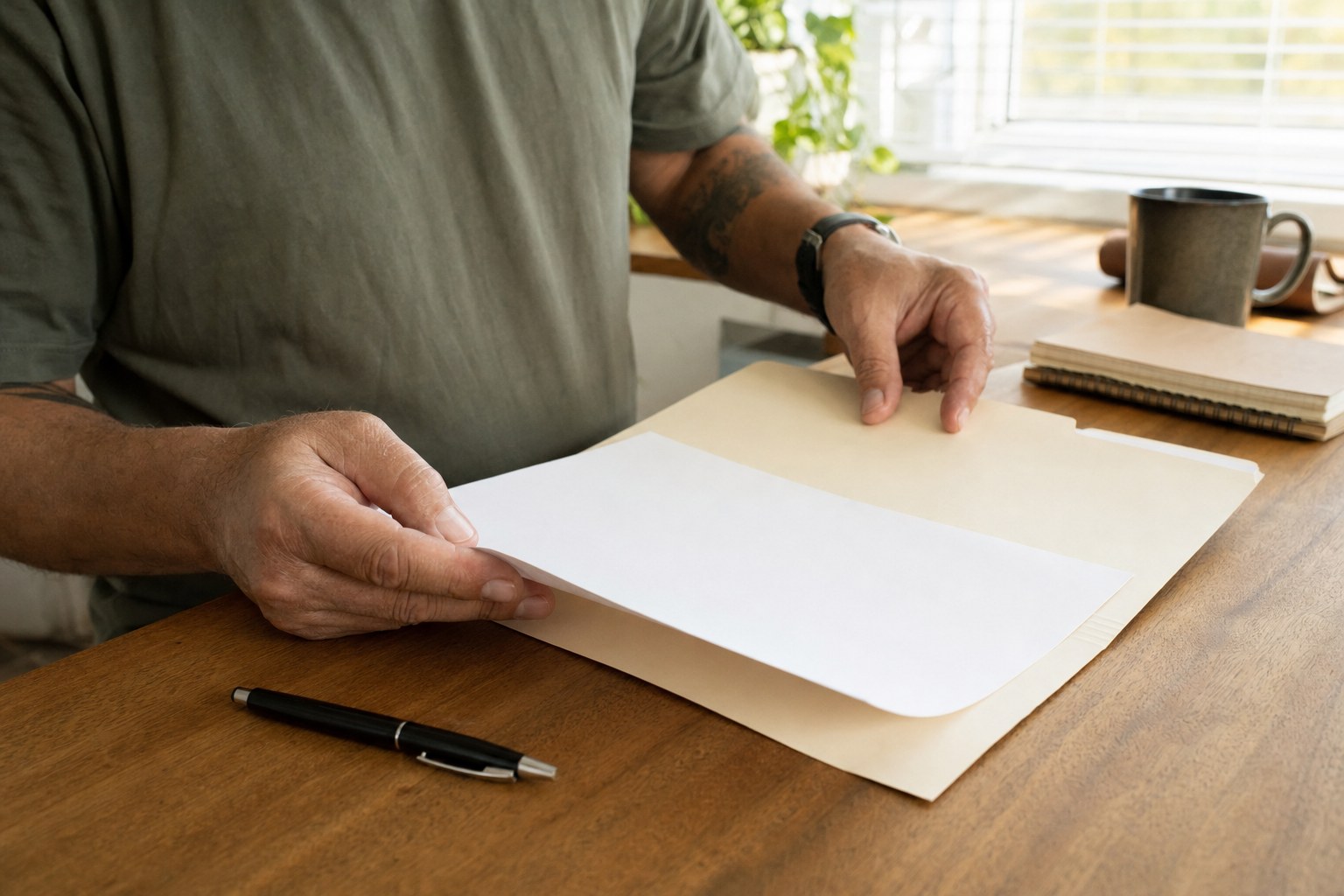 Veteran organizing a folder and paperwork at a table