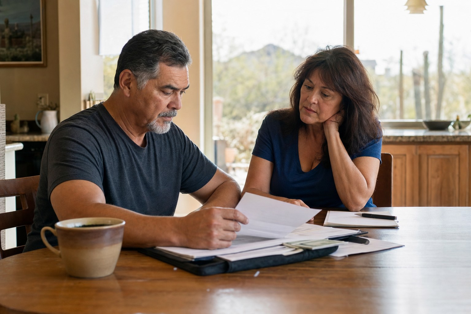 Veteran reviewing benefits paperwork at a kitchen table