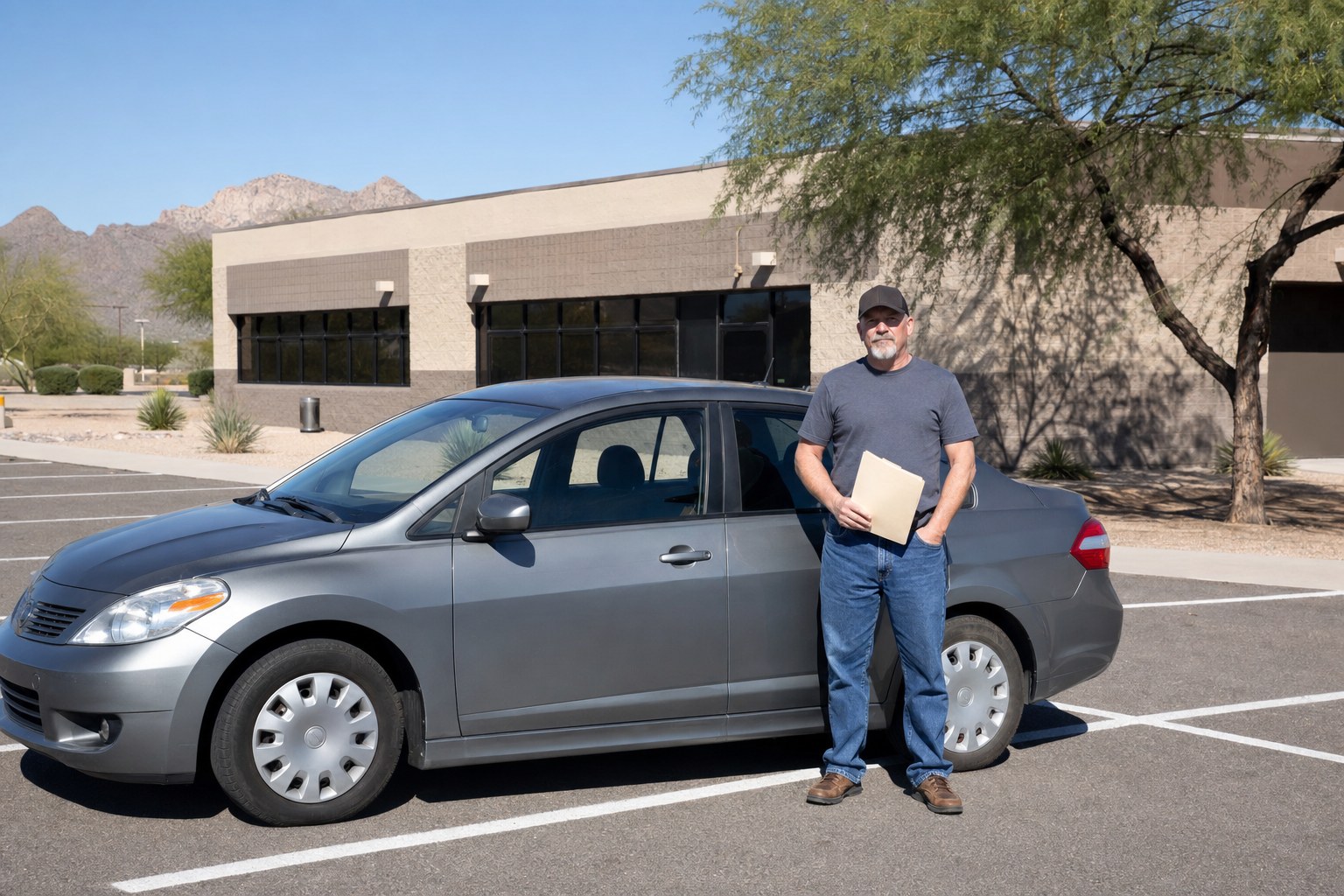 Veteran with a document folder beside a vehicle in Arizona