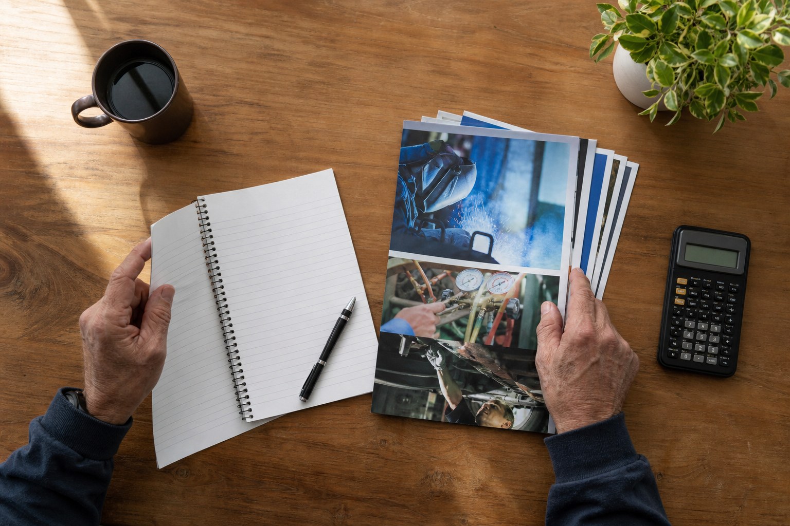Hands comparing technical training brochures and notes on a desk