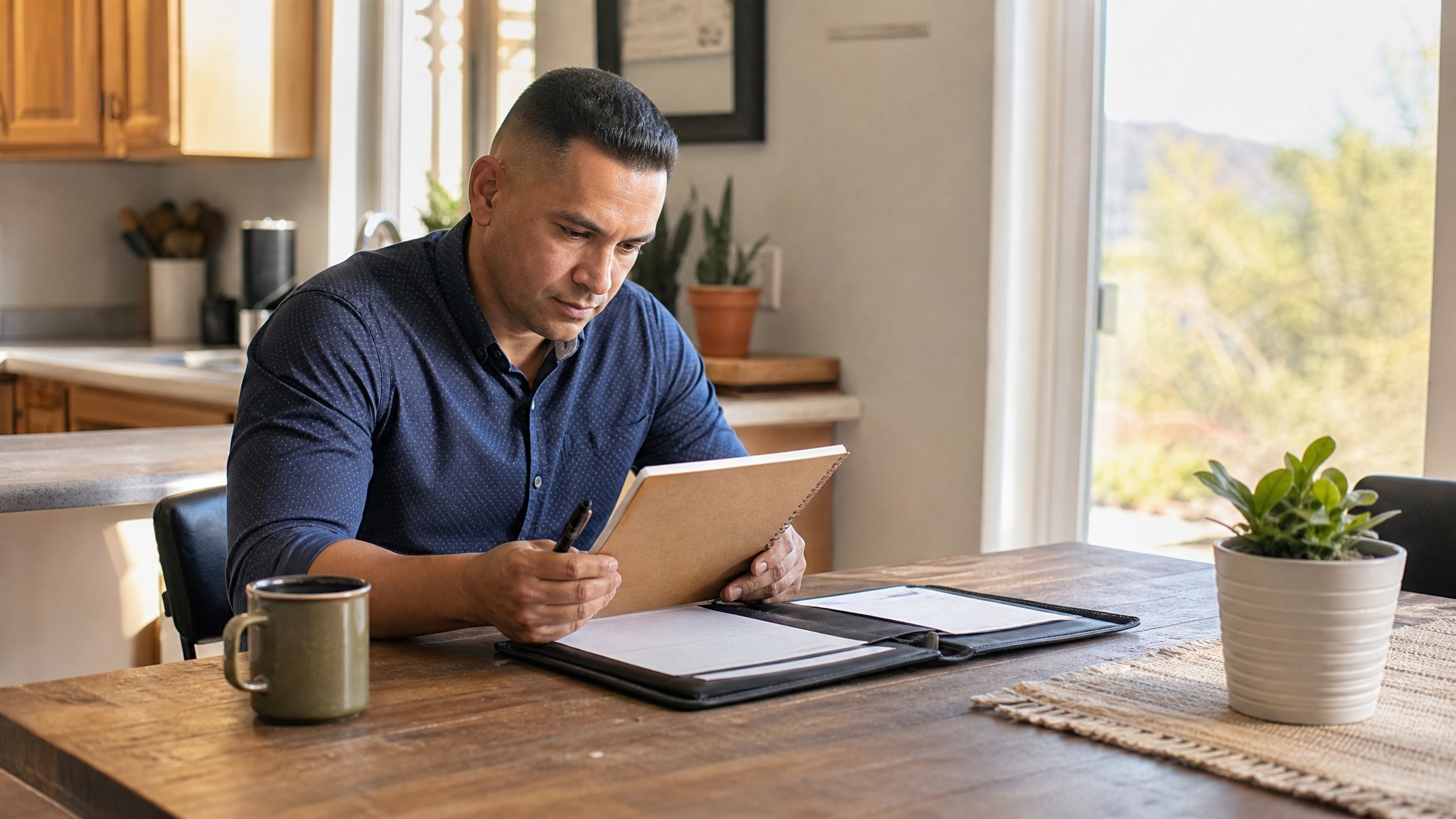Veteran reviewing job-search notes at a kitchen table