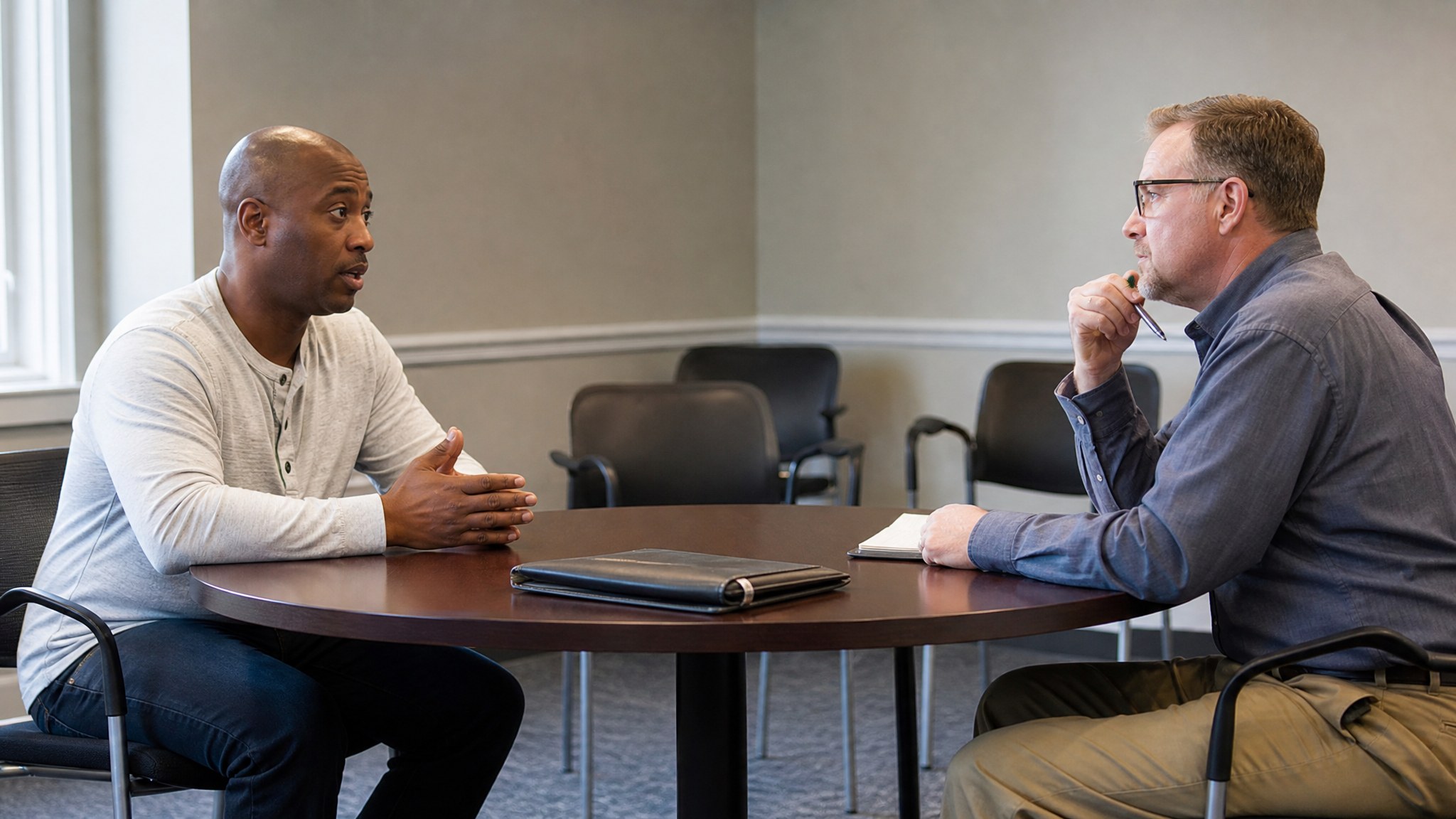 Veteran practicing an interview with a career adviser