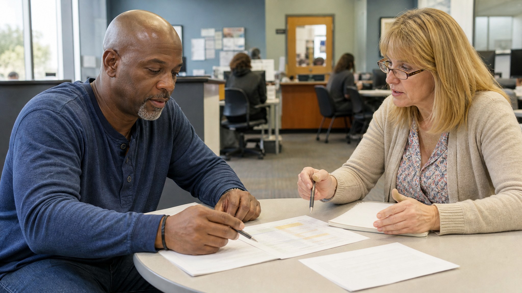 Veteran and career adviser reviewing a job-search plan