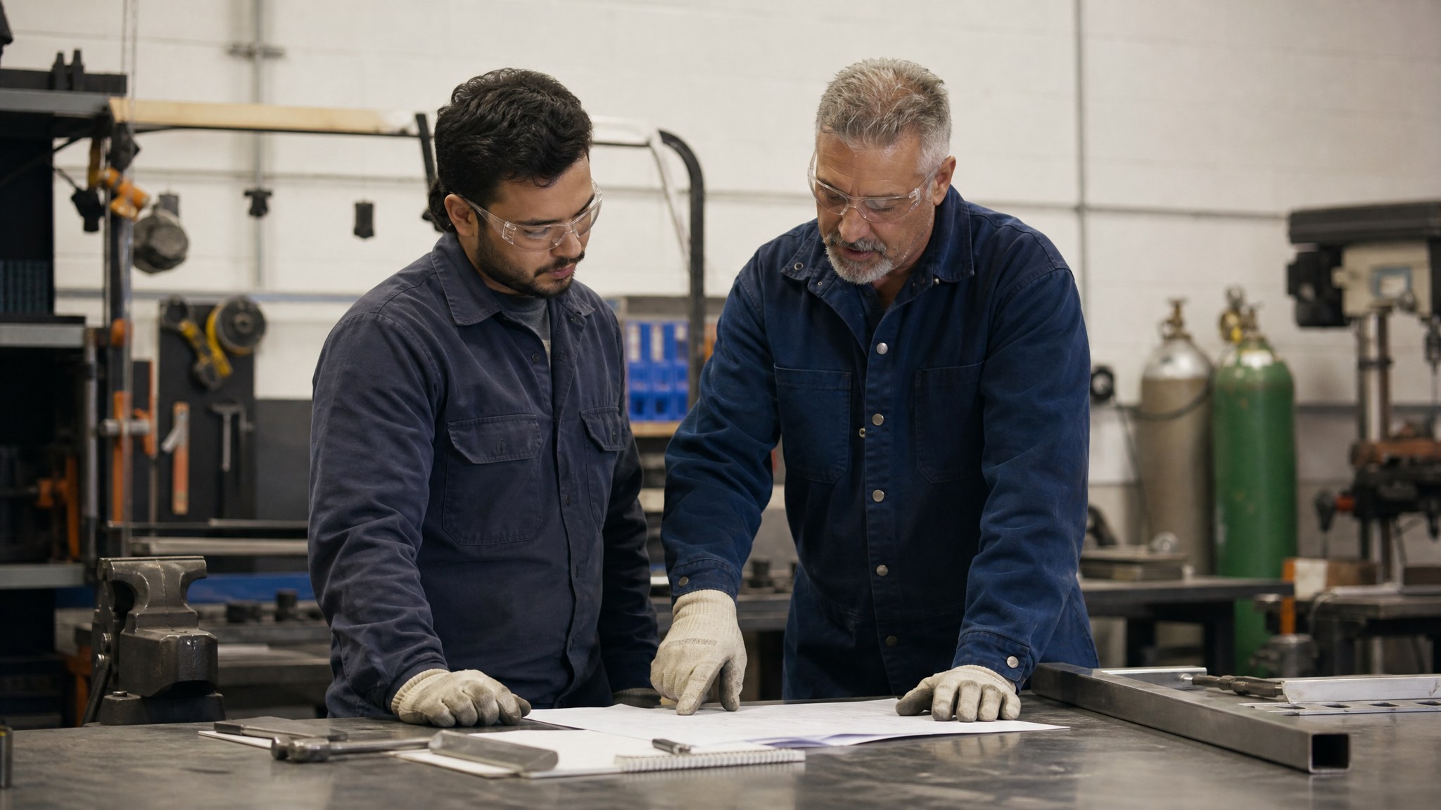 Worker and supervisor reviewing a work plan in a workshop