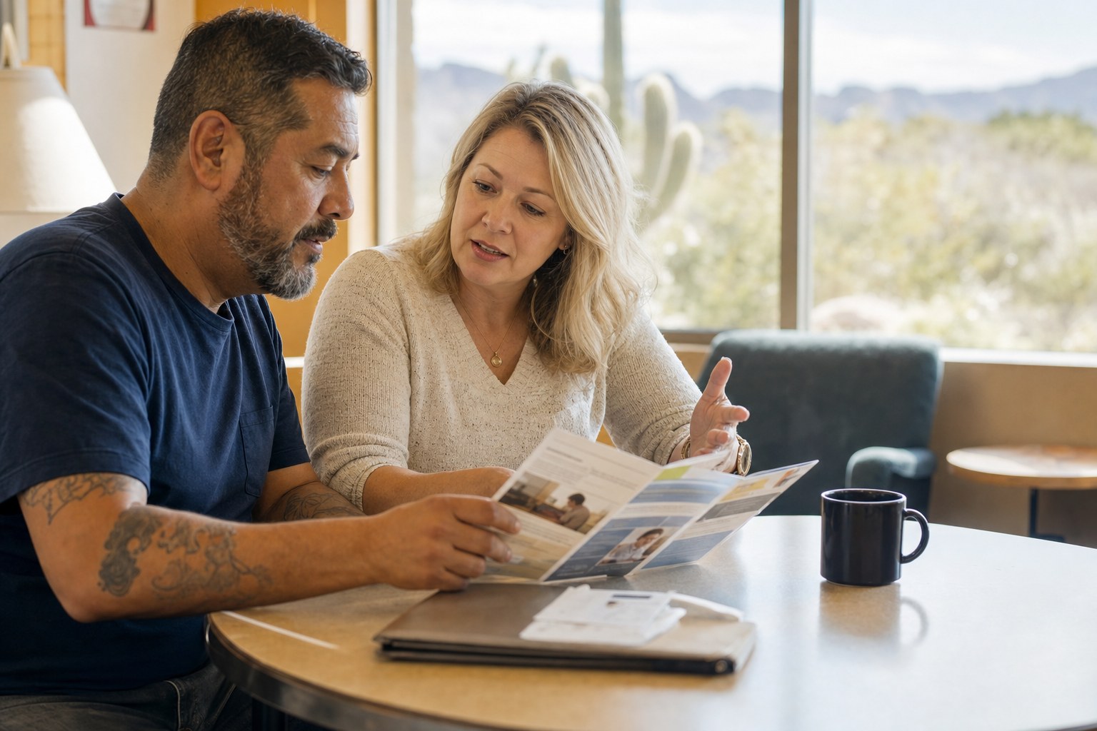 Two adults reviewing a resource guide together