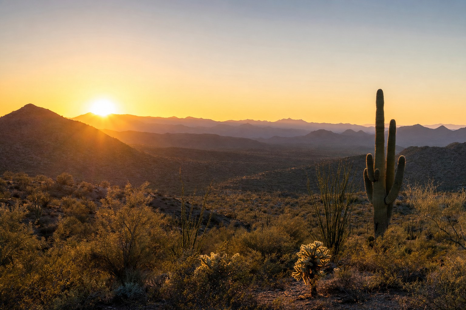 Sunlit Arizona desert landscape at the edge of a community
