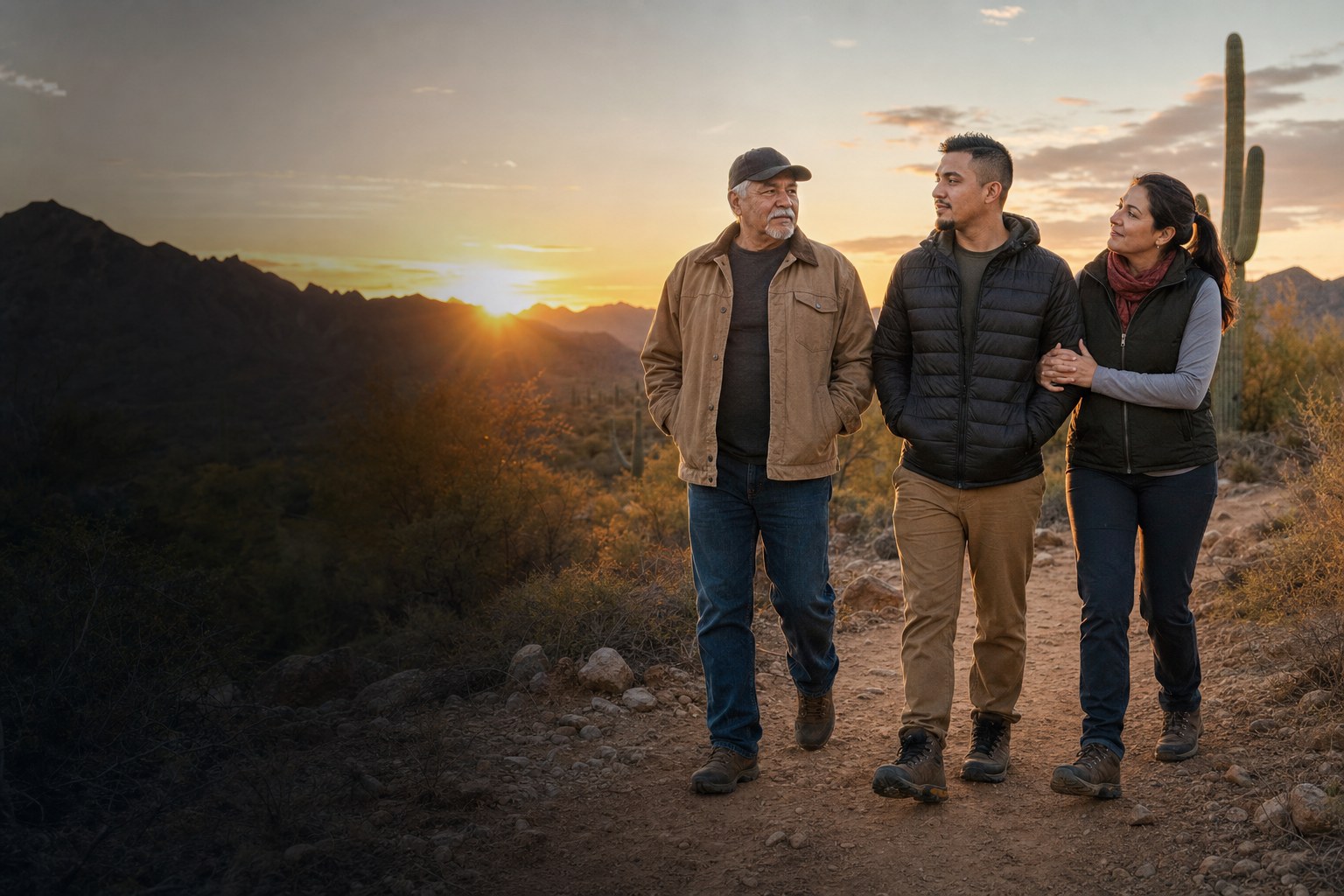Arizona veterans and a family caregiver walking together at sunrise