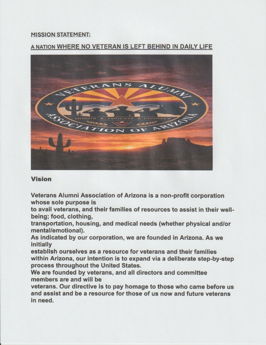 Mission statement and vision of Veterans Alumni Association of Arizona, with the association emblem over an Arizona sunset
