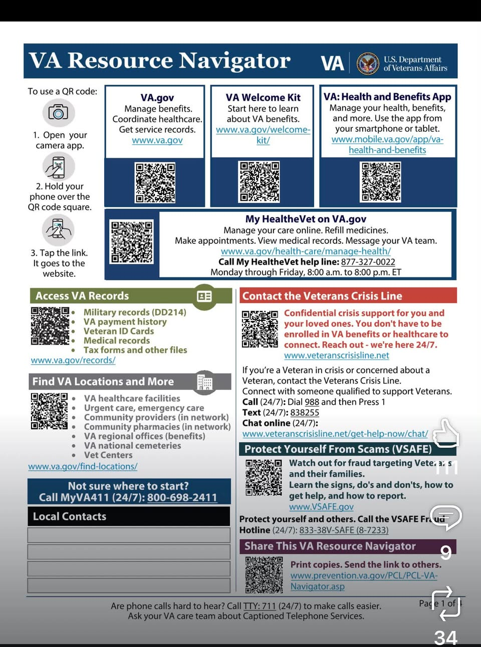 VA Resource Navigator handout with VA benefits, health care, records, locations, crisis support, and fraud prevention contacts and QR codes