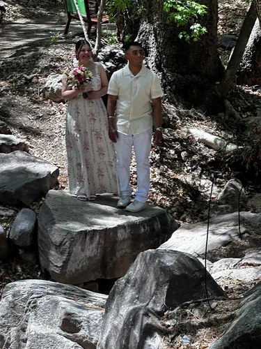 A wedding couple together in a wooded setting