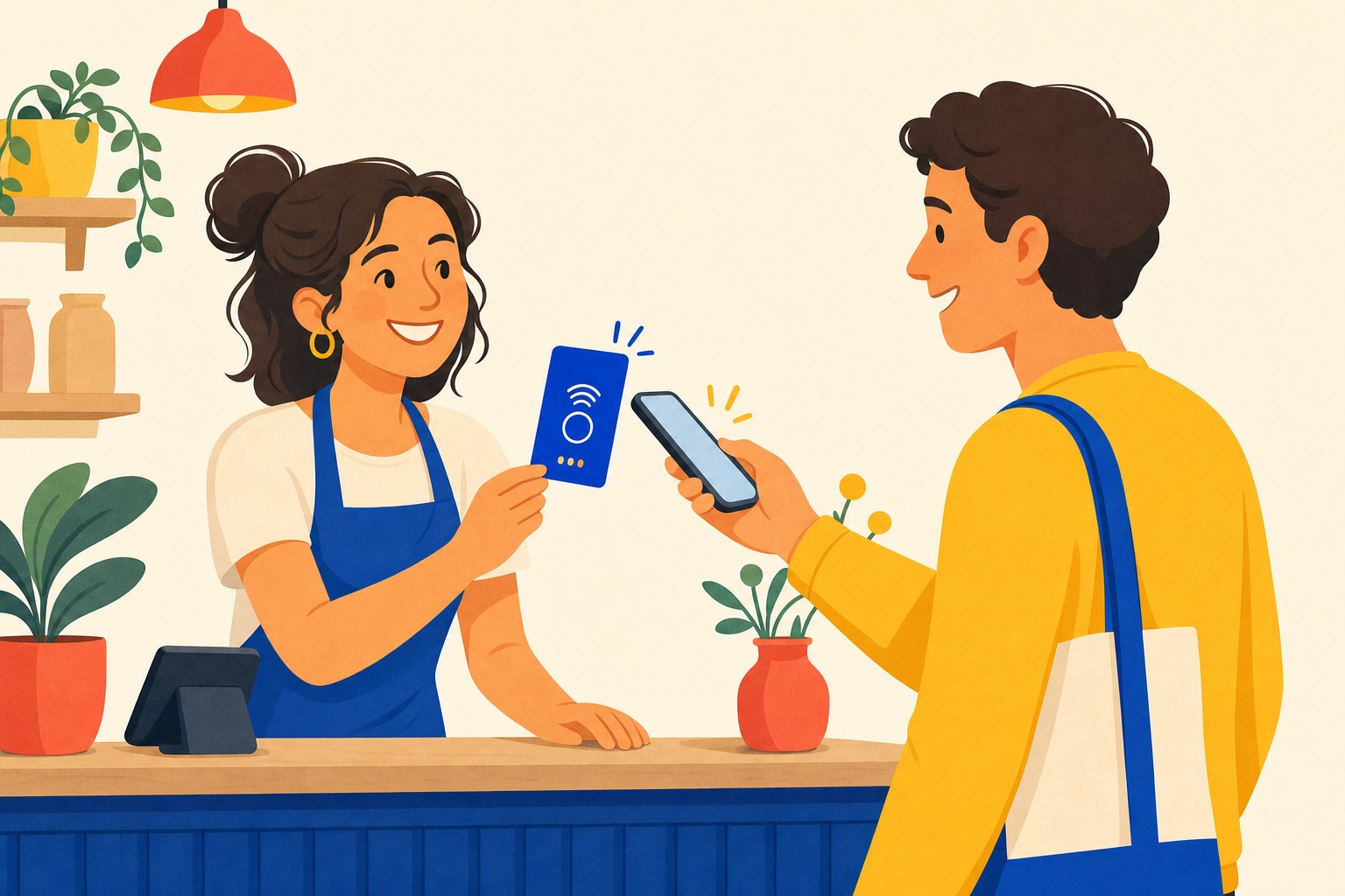 A small business owner holding an NFC review card while a customer taps a phone