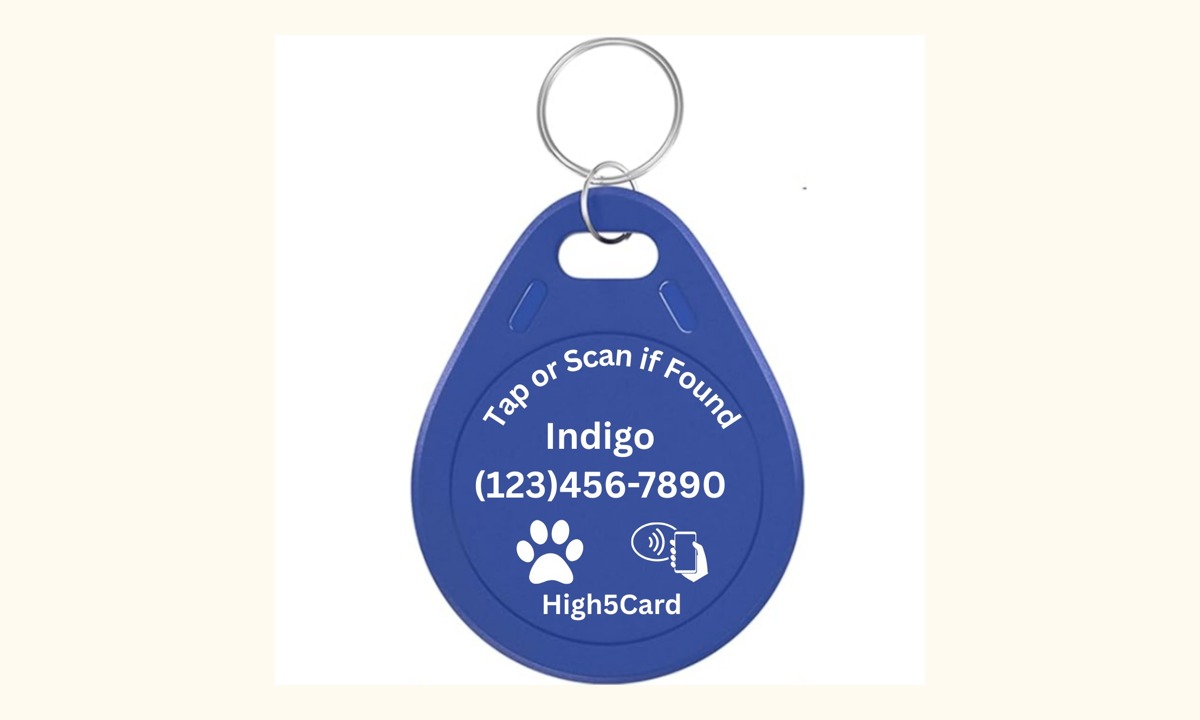 High5Card Pet ID tag product example labeled Indigo with a sample phone number