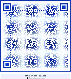 Generated blue QR code with the Alex Example name-based vCard label