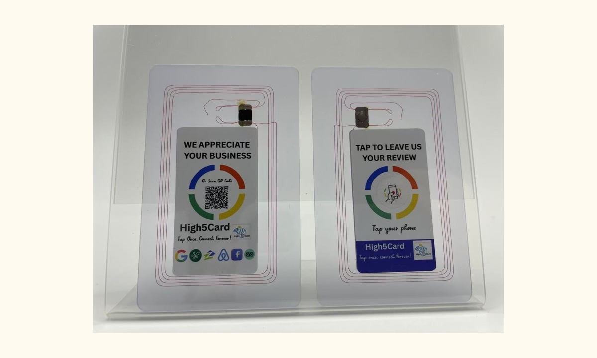 Two transparent High5Card review tap cards with visible NFC chips
