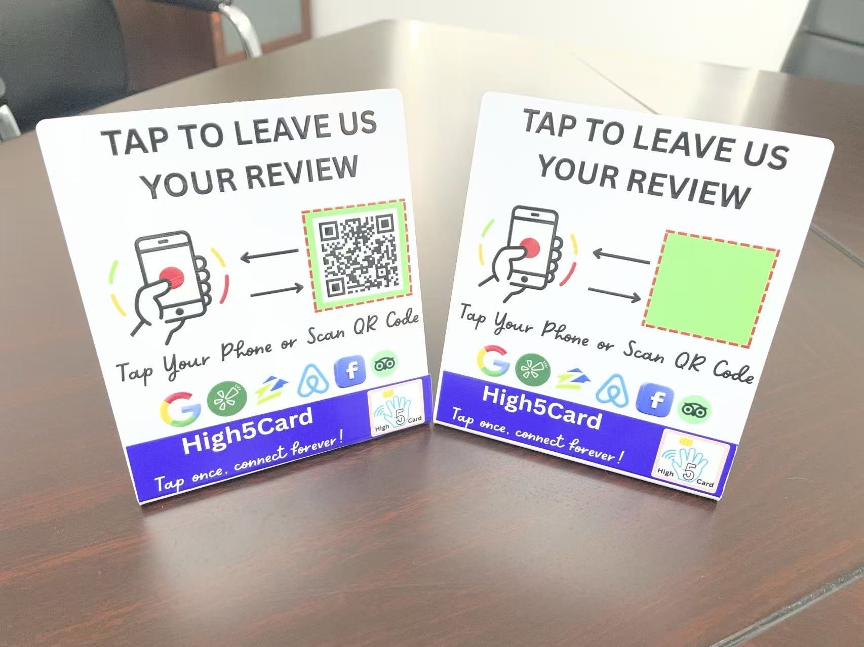 Two High5Card review tap stands showing a phone tap target and QR code area; one example has a printed QR code.