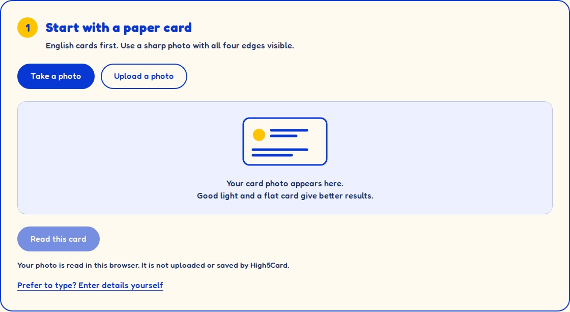 High5Card paper business card scanner with take a photo and upload options