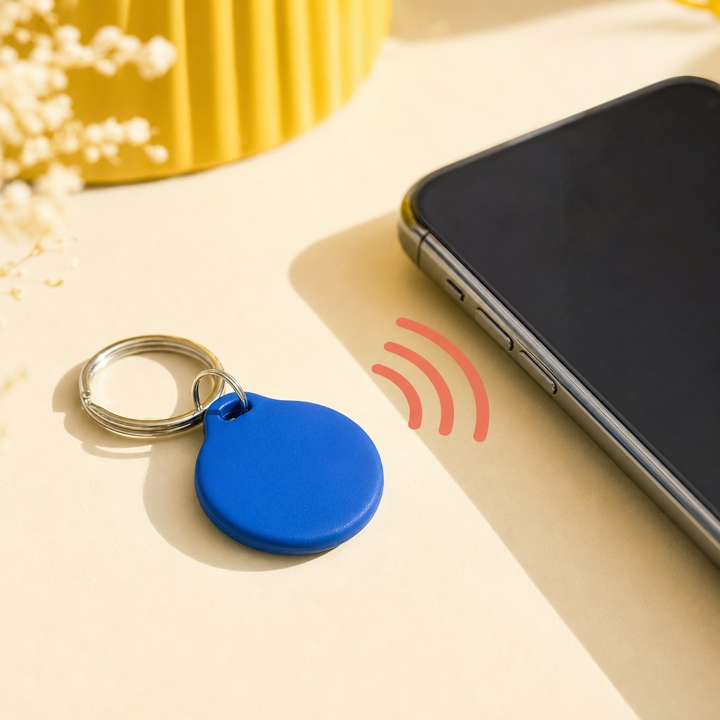 An unbranded blue keychain beside a phone with an NFC signal
