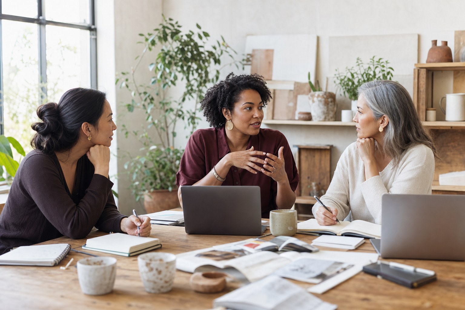 Three women in a bright studio having a collaborative working conversation