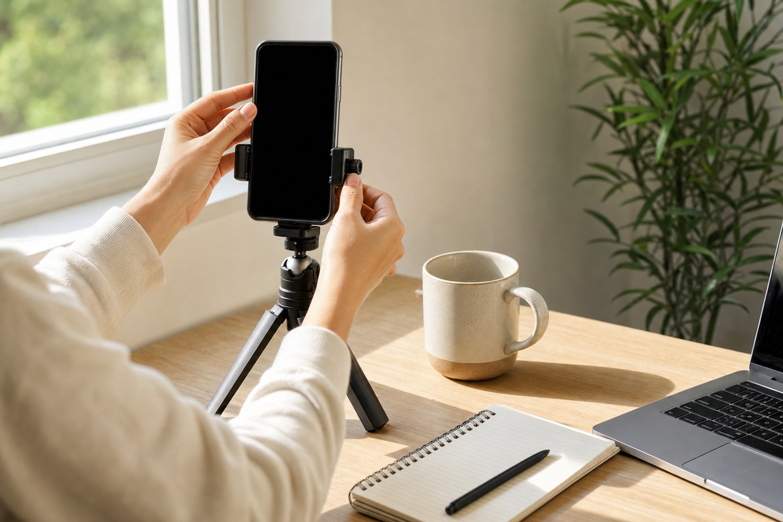 Hands preparing a phone on a tripod beside a notebook and laptop