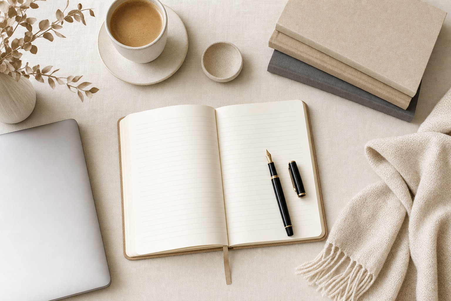 Notebook, coffee, and laptop arranged for a focused planning session