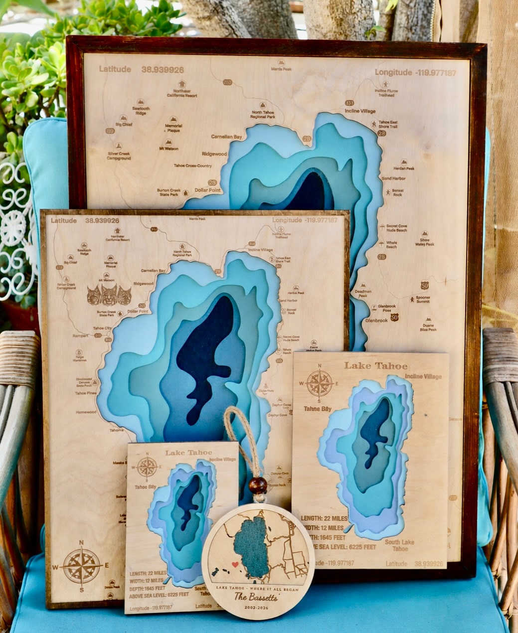 A collection of handcrafted layered Lake Tahoe map artwork