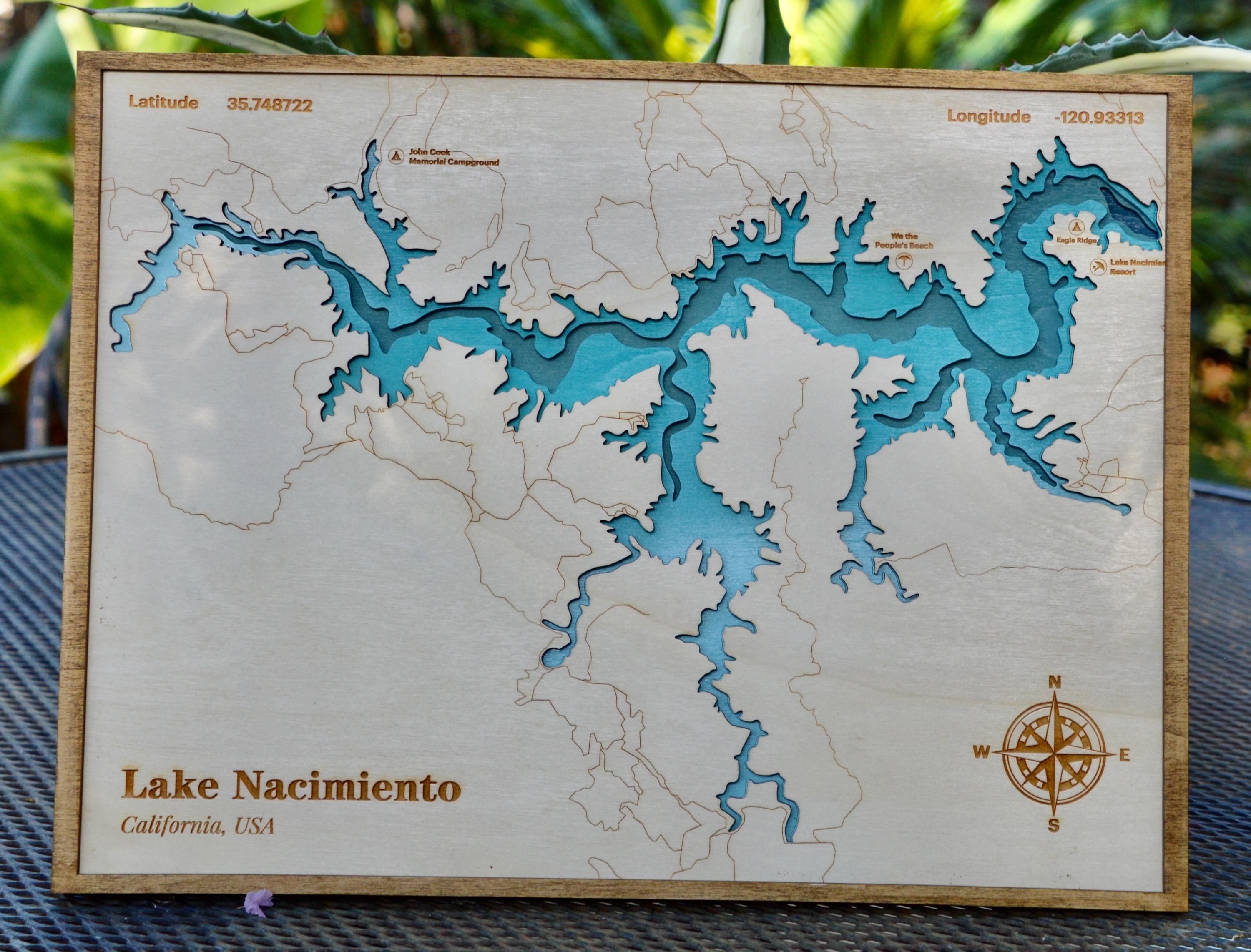 Lake Nacimiento Layered Wood Lake Map, Clock or Ornament detail 2