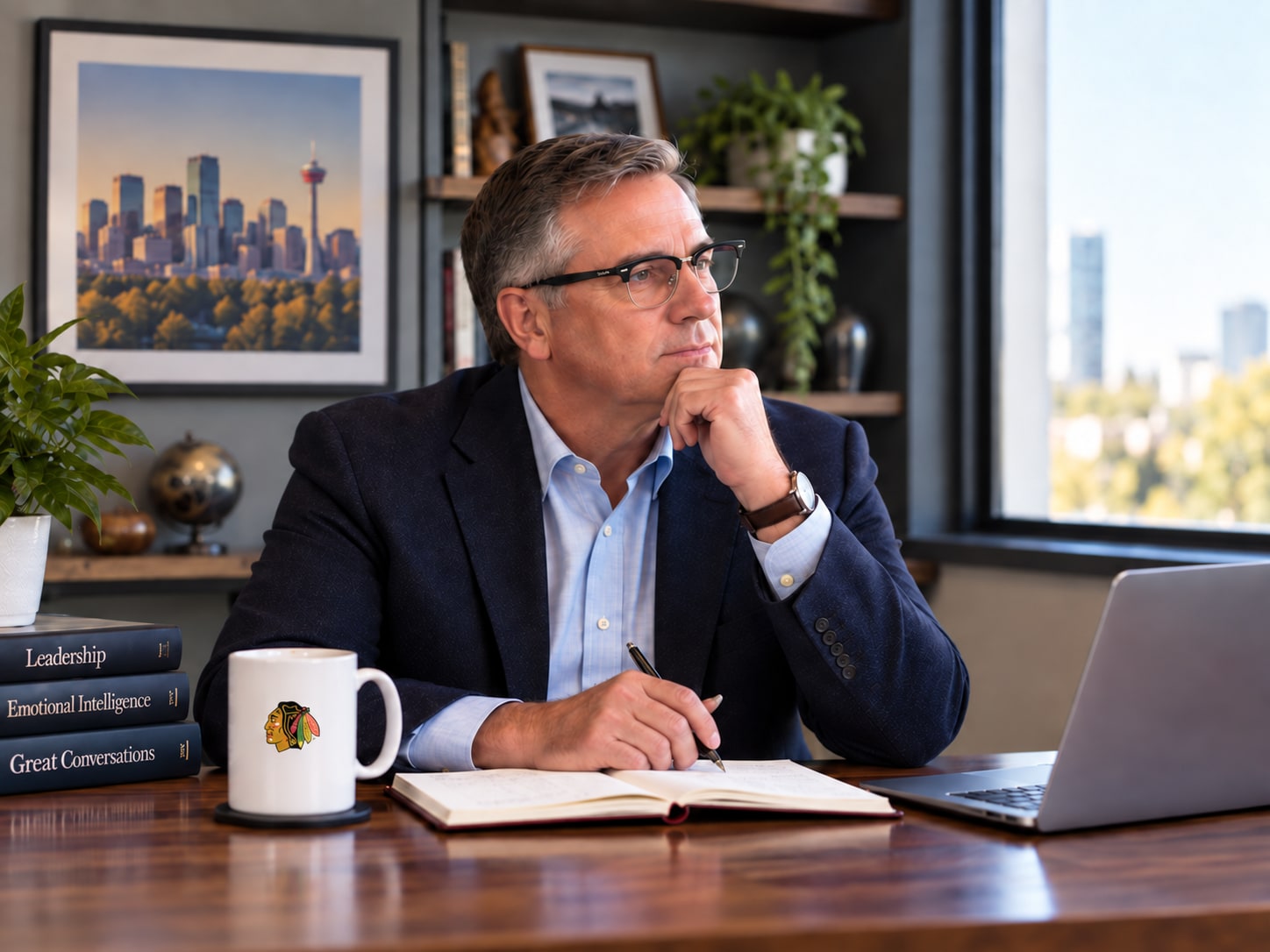 A leadership coach reflecting at his desk