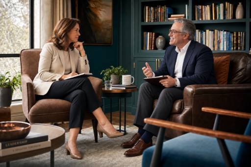 Private coaching conversation in a quiet office