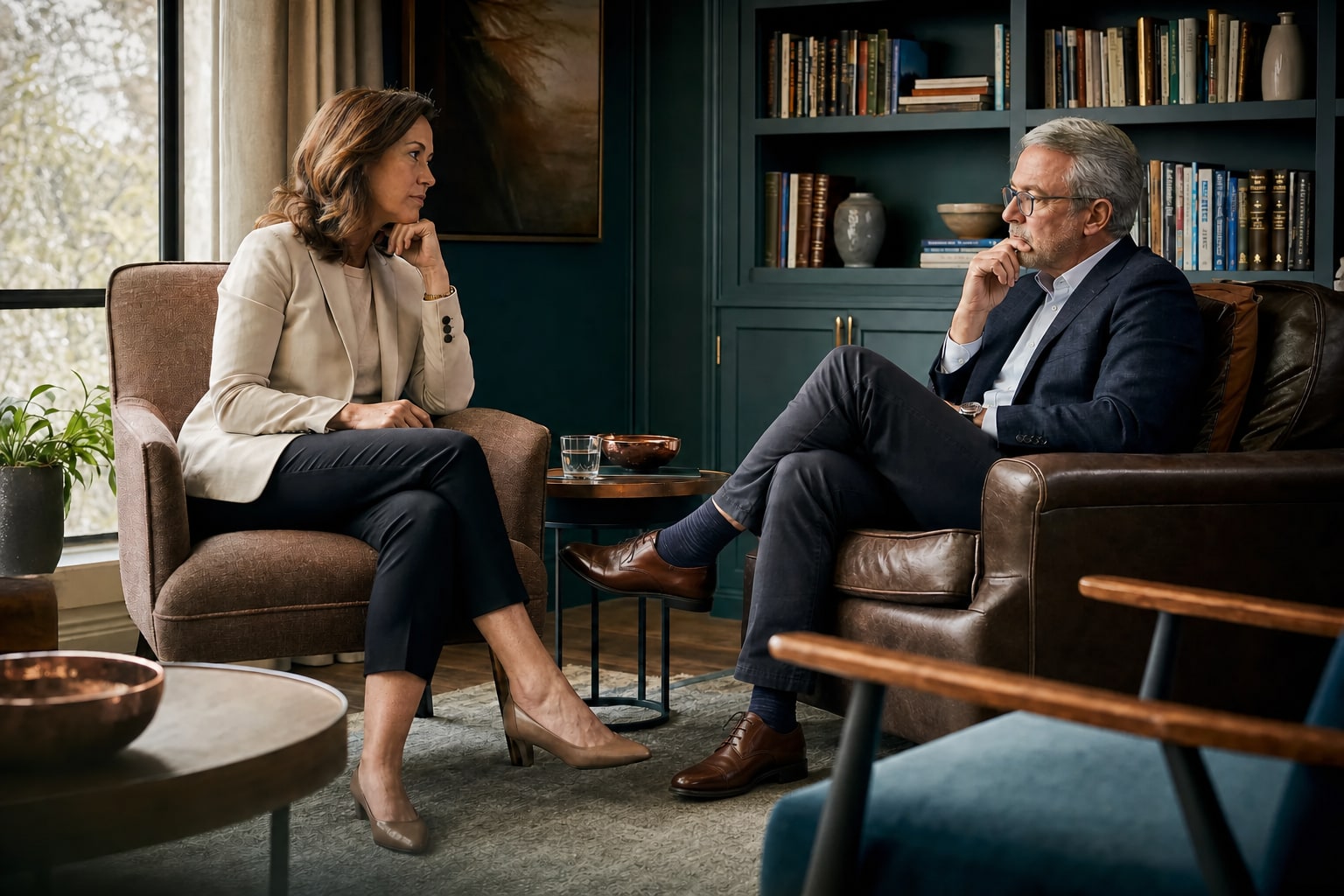 Two leaders having a focused coaching conversation