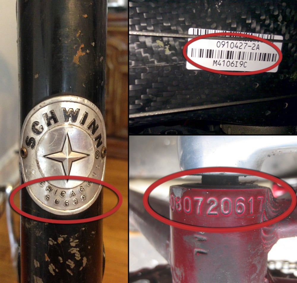 Examples of bicycle serial-number locations
