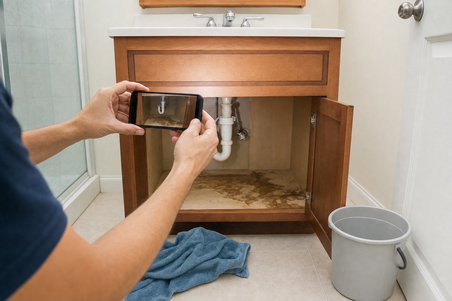 Renter photographing water damage inside a bathroom sink cabinet