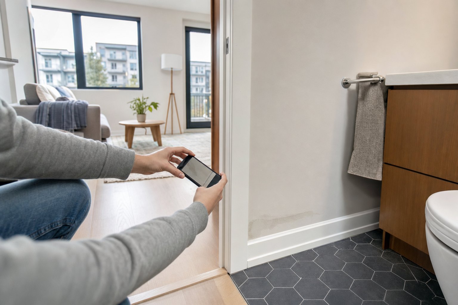 Renter documenting moisture near a bathroom wall