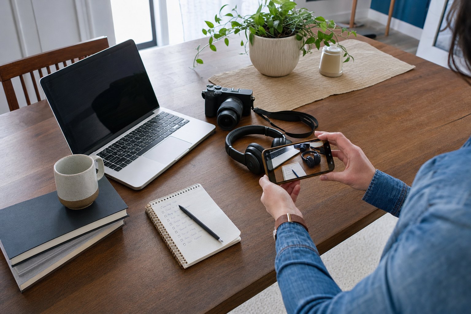 Renter creating a home inventory by photographing belongings at a dining table