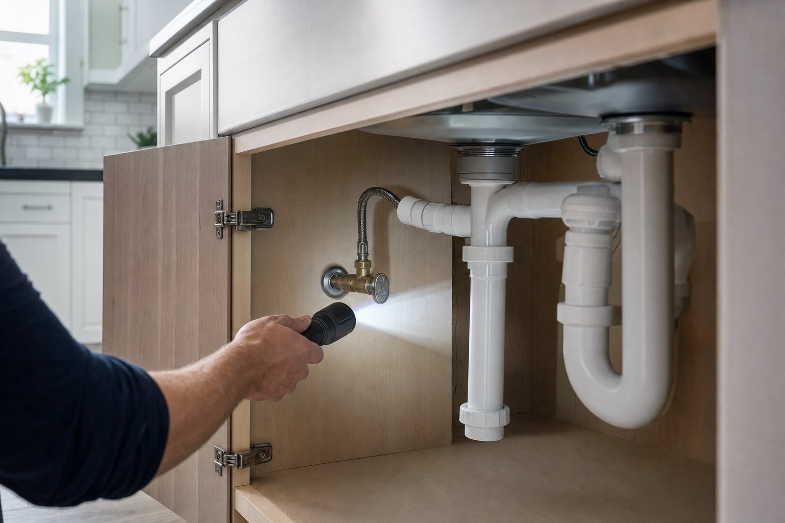 Plumber inspecting the plumbing under a kitchen sink