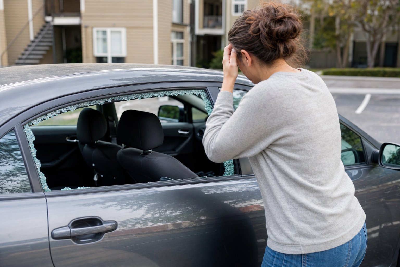 Renter looking at a car with a broken side window after a break-in