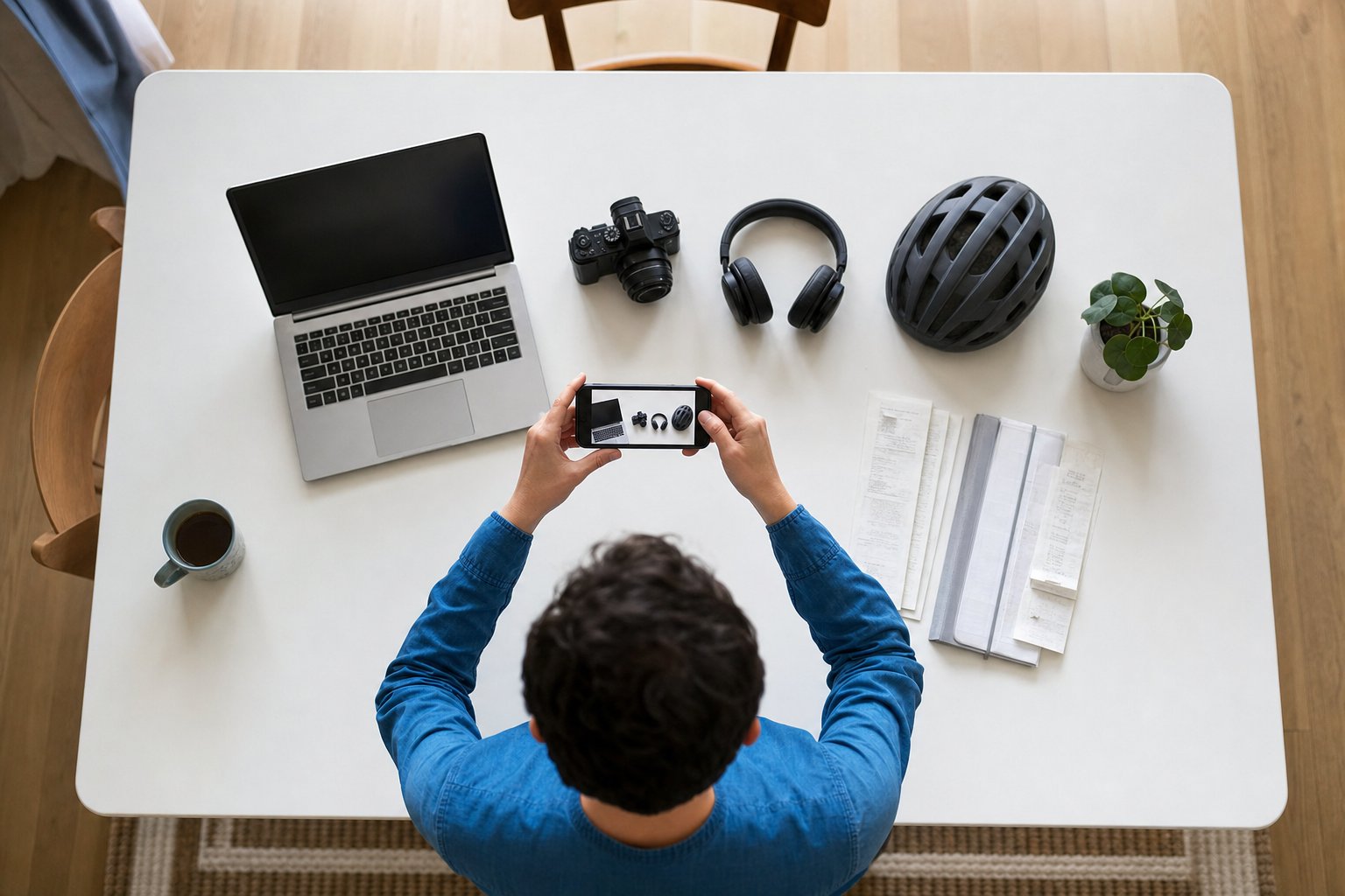 Renter photographing electronics and personal belongings for a home inventory