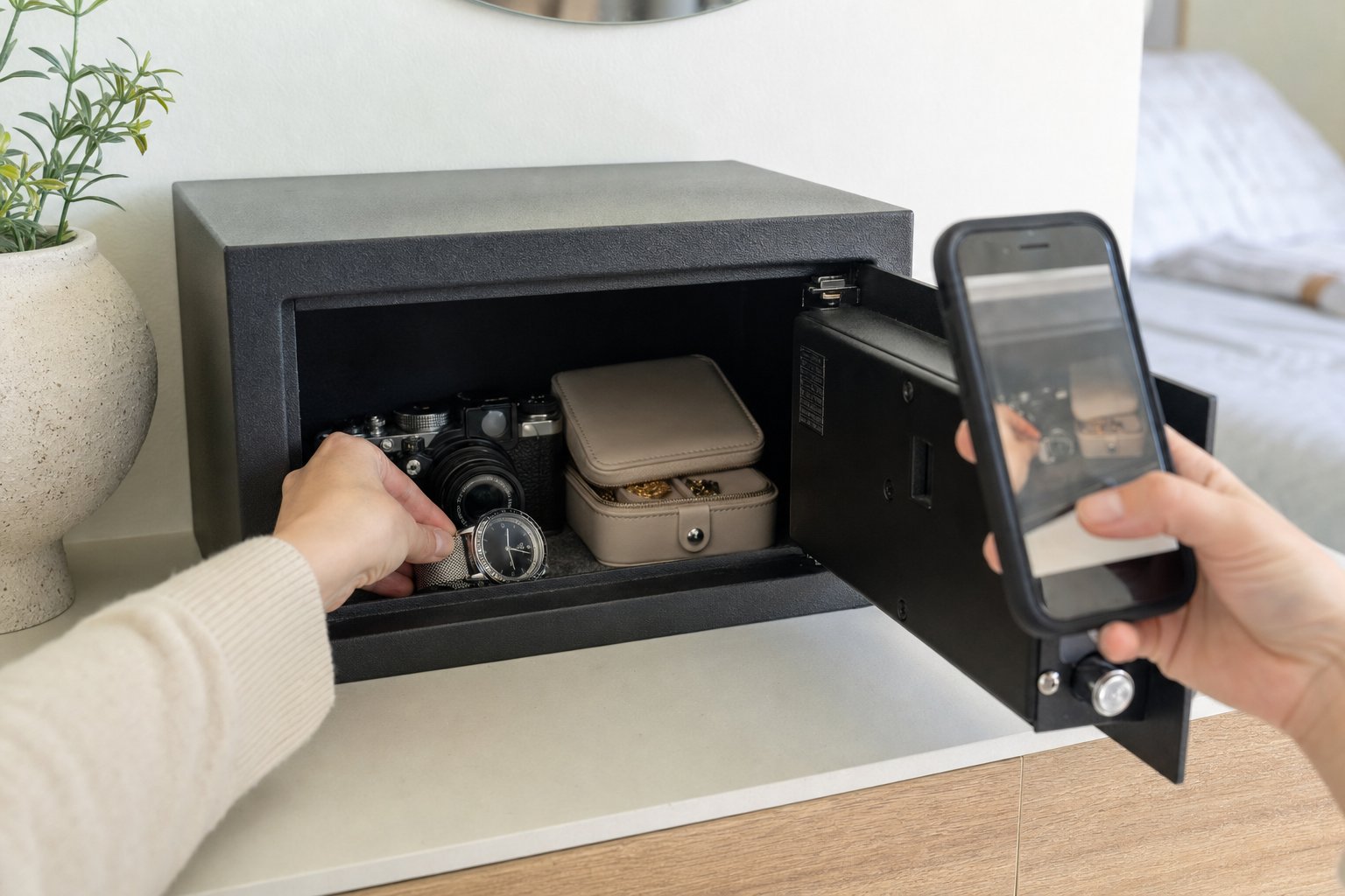 Renter photographing a camera, watch, and jewelry case stored in a home safe
