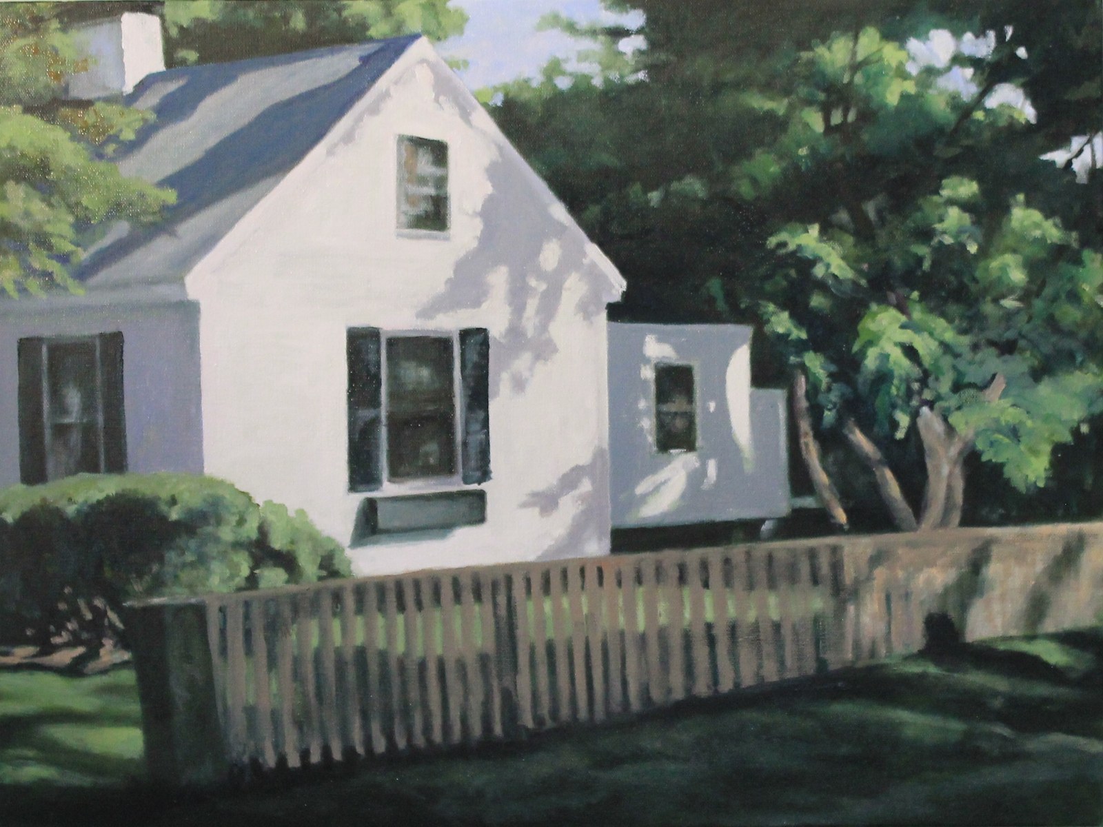 White House in Partial Sun and Shade, an oil painting by Douglas H. Caves Sr., showing a white house beneath leafy trees