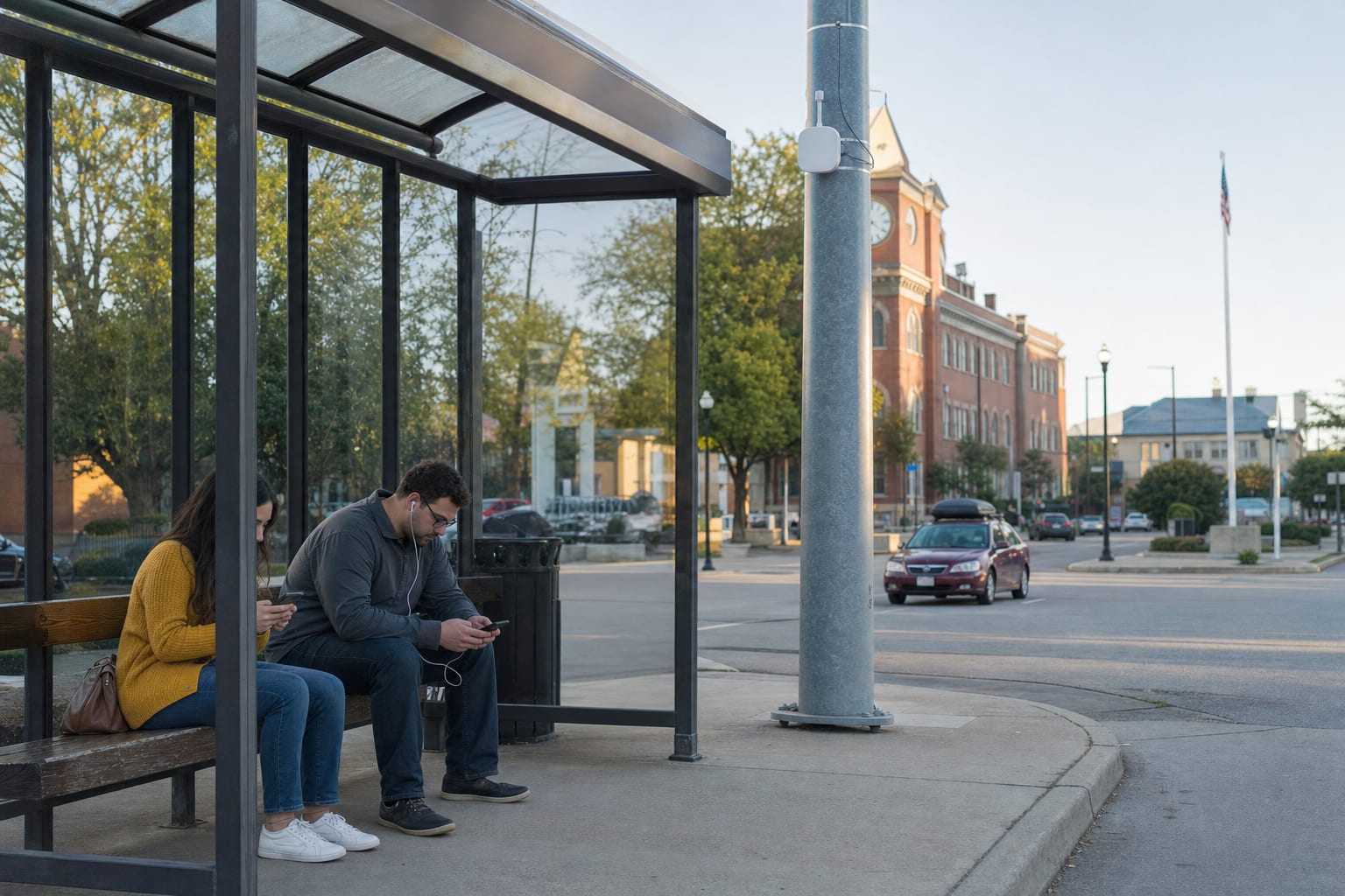 Residents using personal devices at a civic transit shelter with public Wi-Fi