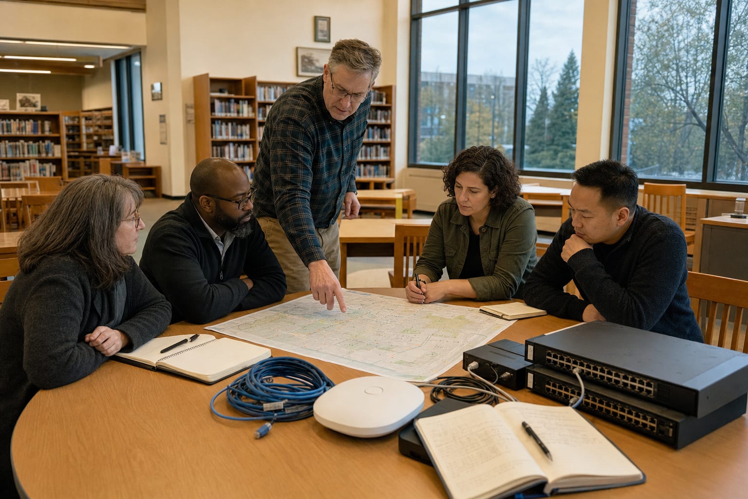Municipal project team reviewing a public Wi-Fi site map and equipment plan