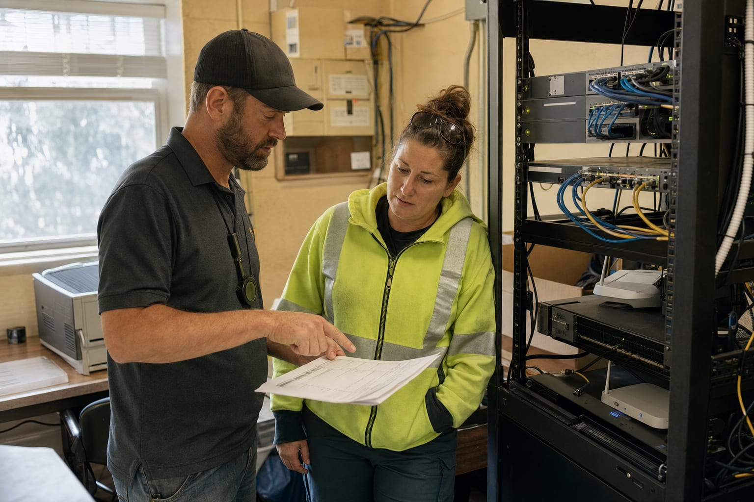 Municipal IT and public works colleagues reviewing network equipment and a maintenance checklist