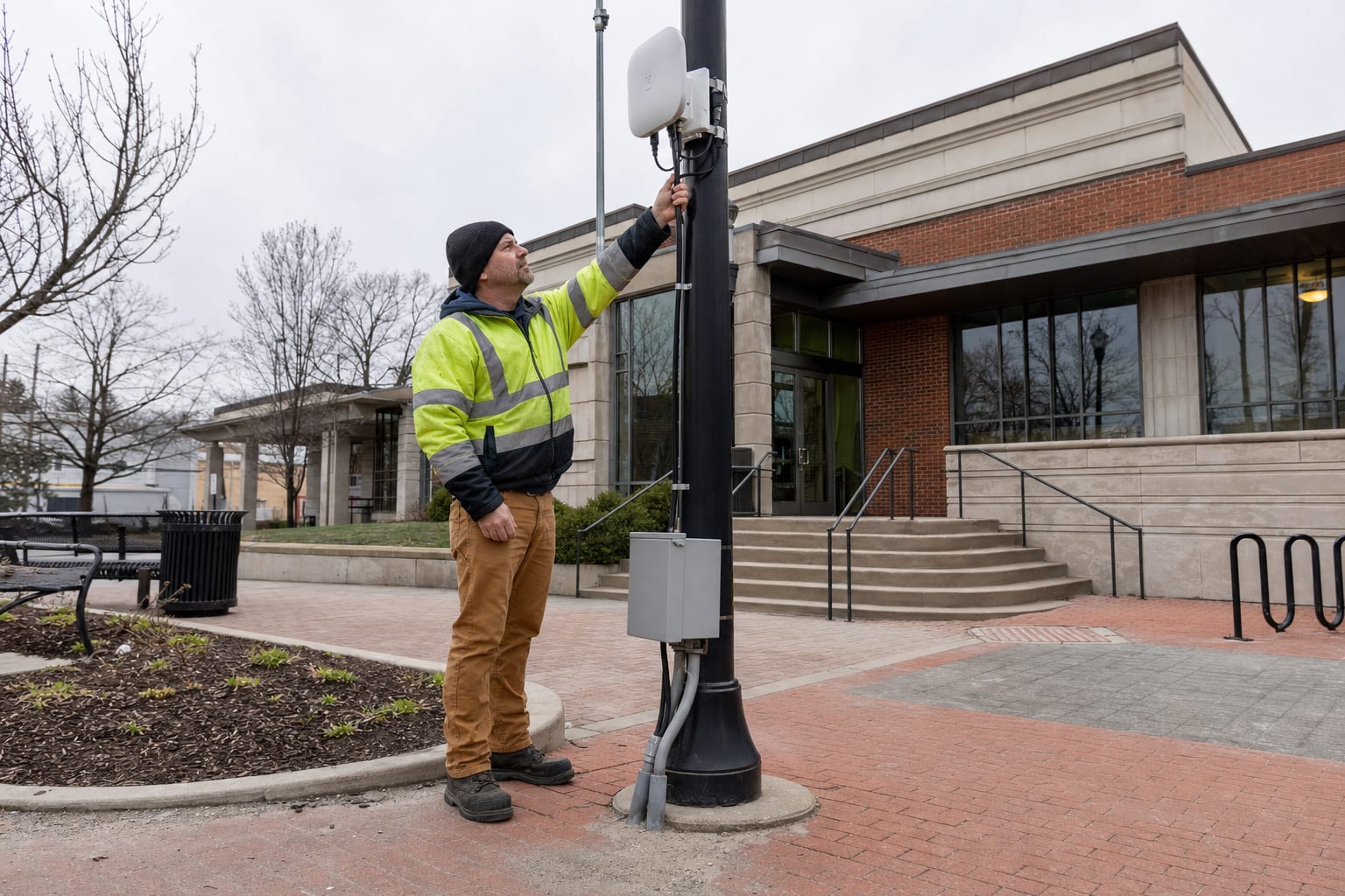 Municipal technician inspecting an outdoor wireless access point at a civic building
