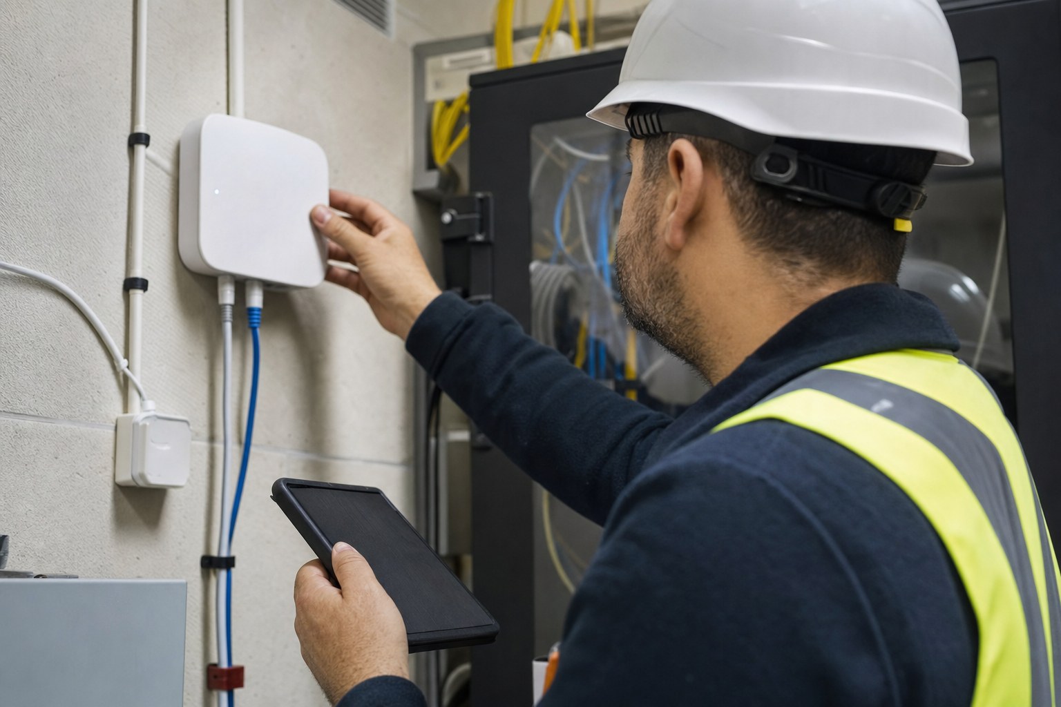 A network technician inspecting public Wi-Fi equipment
