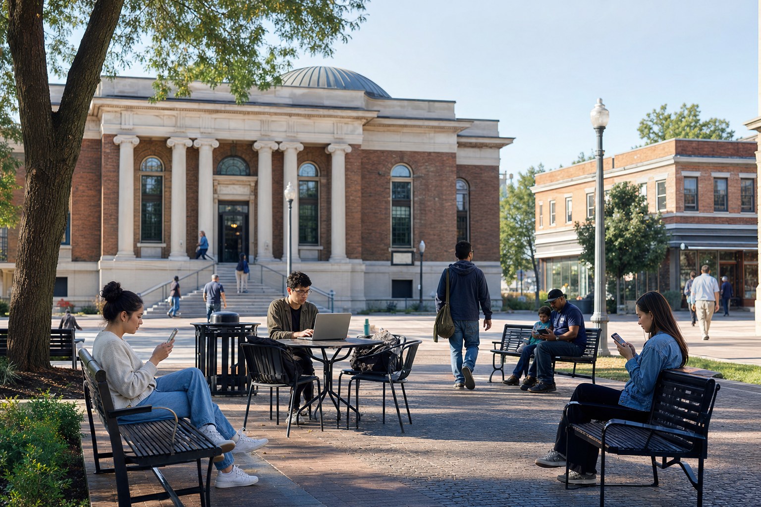 Residents using public Wi-Fi near a civic building