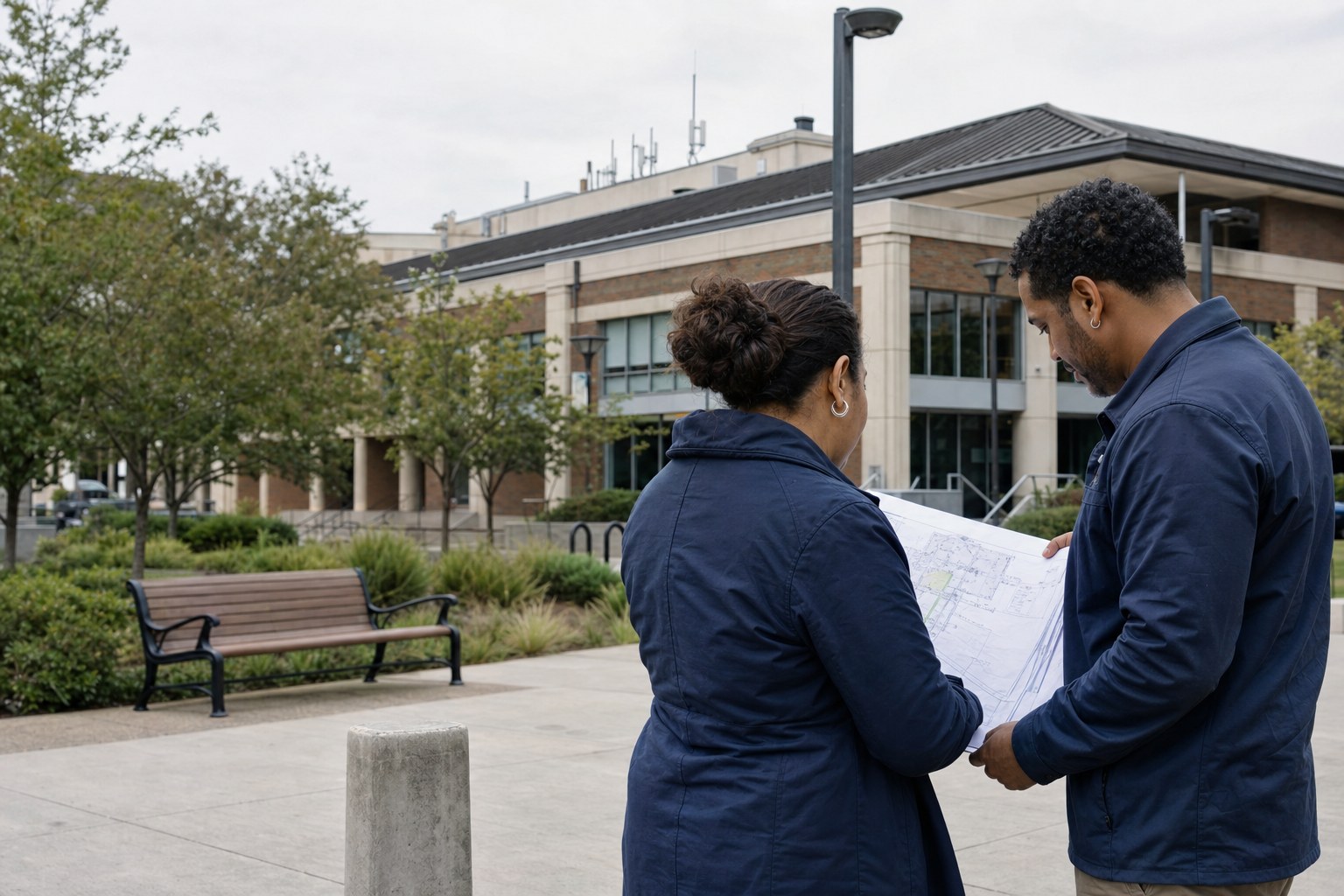 Municipal staff reviewing a wireless network site plan outside a civic building