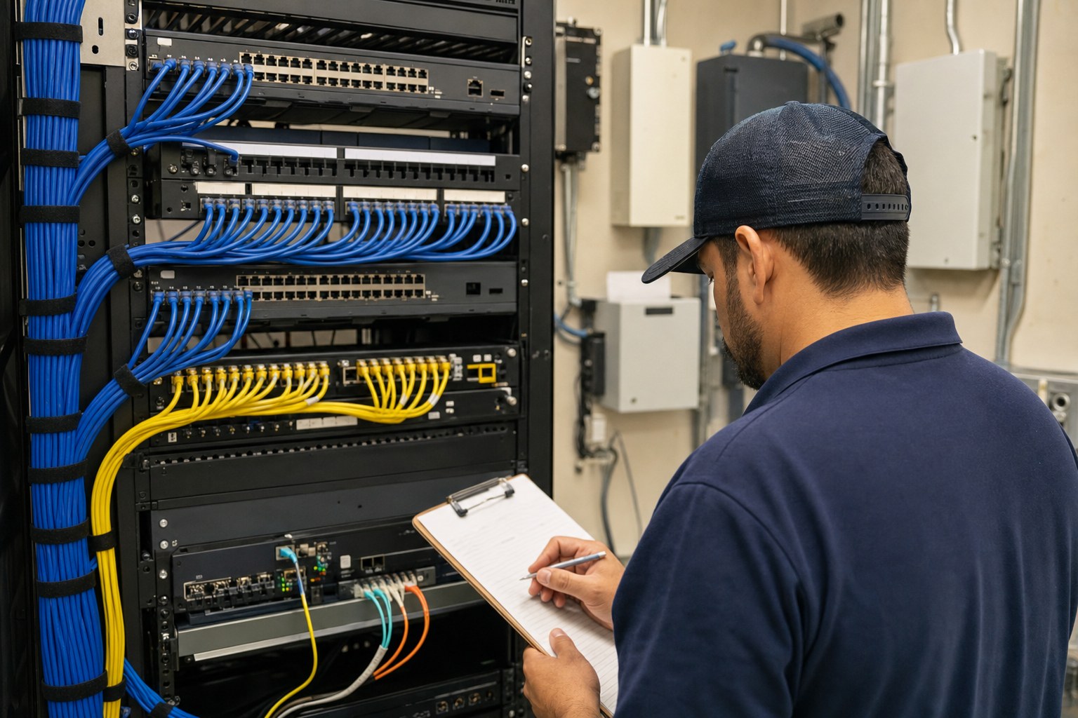A network technician documenting a municipal network rack and cabling